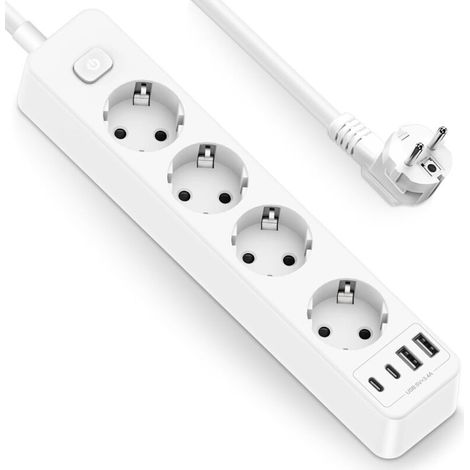 4-Port-USB-Steckdosenleiste, 3680 W, mit 8-in-1-Schalter für Zuhause, Büro und Reisen, 1,8 m Kabel, weiß