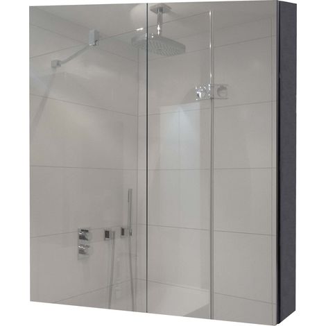 Spiegelschrank HHG-807b, Badschrank Hängeschrank, 2 Regalböden hochglanz MVG-zertifiziert 70x60x16cm schwarz (1/5)