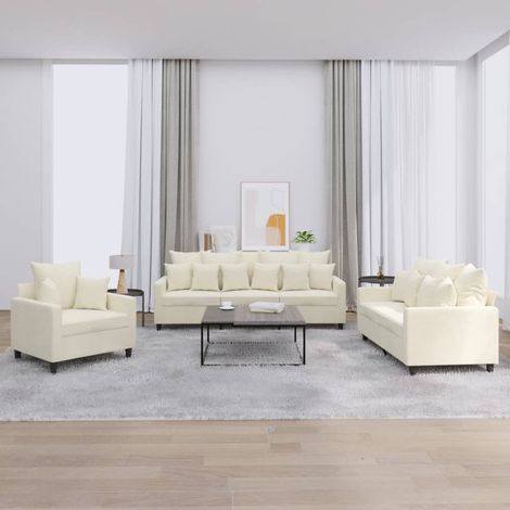 3-tlg. Sofagarnitur mit Kissen Creme Samt vidaXL