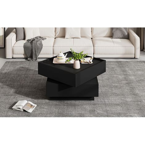 Table de salon fonctionnelle, pouvant être orientée sur 360°. La surface de la table est réglable, avec deux compartiments et un espace de rangement. Le cadre de la table est noir. Dimensions : 60×60× (1/5)