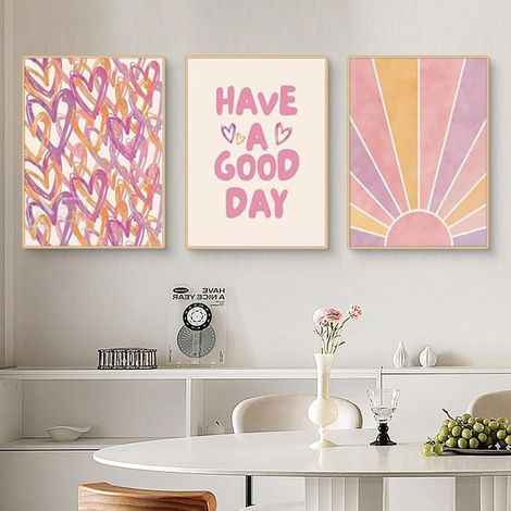 Lot de 3 affiches roses esthétiques, décoration murale minimaliste pastel avec cœurs, rayons de soleil et citation motivante, affiches sur toile sans cadre pour chambre, salon (30 x 40 cm) (1/4)
