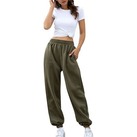 Pantalon Long Femme Taille Élastique Couleur Unie Design Chevilles Molletonné Vert Olive Taille L (1/5)