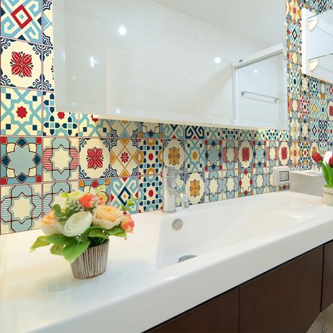 Sticker Mural Carrelage adhésif Cuisine Salle de Bain - 24 STICKERS CARREAUX DE CIMENT AZULEJOS RANO - 24stickers20x20cm (1/5)