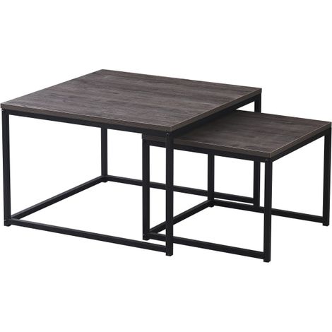 Lot 2 Tables Basses Gigognes BELGRADE Métal Noir Plateau Bois Gris 70x70x46 / 50x50x40cm (1/5)