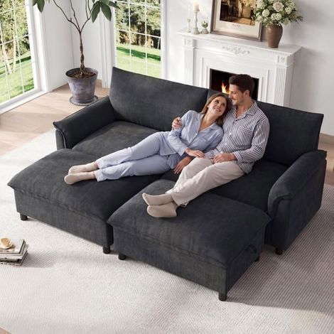 Canapé Modulable 216x77x82cm Chenille Noir Avec Coffre - Canapé Composable - 4 Places 2 Poufs Fonction Lit Doux Montage Facile (1/5)