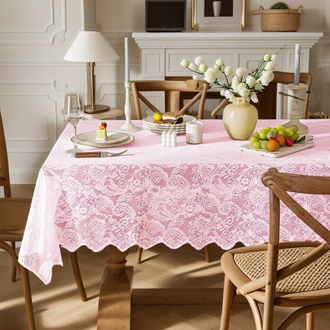 Tovaglia rettangolare in pizzo rosa, 150 cm x 200 cm, con ricamo di un fiore a coda di fenice, adatta per feste all'aperto, ricevimenti, banchetti, baby shower, tea party, decorazioni per la casa e al (1/4)
