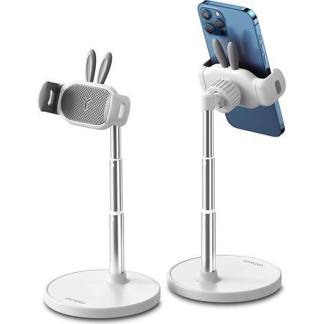 Cute Tabletop Mobile Phone Holder, Adjustable Rabbit, 360° Rotation, Compatible with 4-7 Inch Smartphones (White)