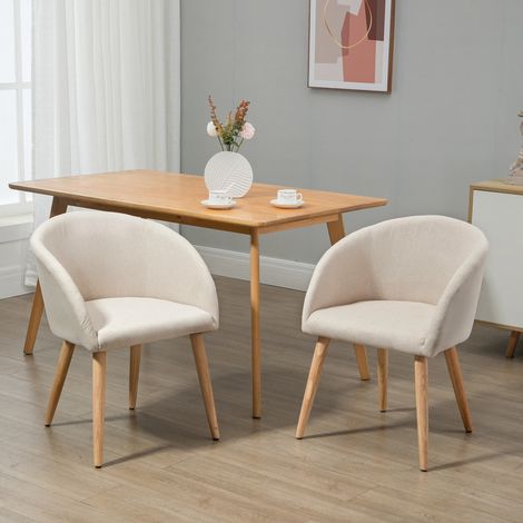 HOMCOM Lot de 2 chaises de salle à manger chaise de cuisine Design scandinave - Pieds inclinés effilés Bois Caoutchouc - Assise Dossier accoudoirs ergonomiques Aspect Lin Beige