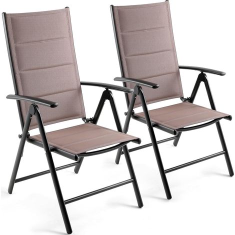 Gartenstühl Hochlehner, 2er Set Balkonstuhl mit Gesteppte,Aluminium
7-Fach Verstellbar,Bis 120 kg, Kissen Rückenlehne Sitzfläche, Outdoor Esszimmerstuhl, Armlehnen Klappstuhl, braun (1/5)