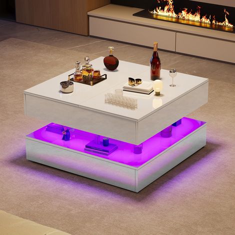 Couchtisch 78x78x43 cm mit RGB-LED und 2 Schubladen, modern, MDF, Weiß