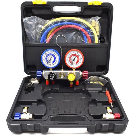 Multitanks – Coffret manifold 4 voies pour R12, R22, R134a et R410A – 4 couleurs – Pression 800 à 4000 psi – Avec 3 tuyaux 1.5m 1/4 SAE