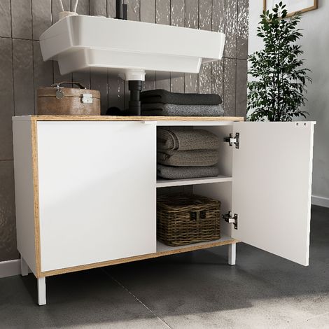 Meuble sous-lavabo 2 portes 80x34x60 cm blanc et naturel - LOPEKA (1/5)