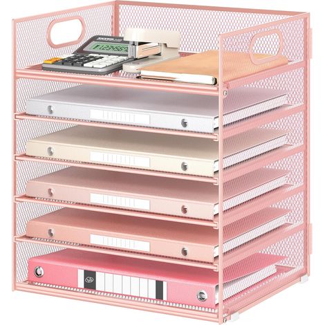 6 Niveaux Organisateur de Bureau Maille Métallique, Rangement de Papier avec Poignée, Banette de Rangement Bureau Corbeille a Courrier Range Document Bureau, Rose