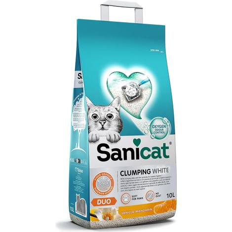 Litière pour Chats agglomérante Blanche - Parfum de Vanille et Mandarine, Fabriquée à partir de minéraux naturels avec contrôle d'odeur, Capacité de 10 L (1/5)
