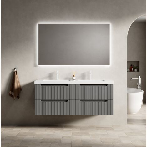 Meuble vasque suspendu 120 cm en résine et contreplaqué, gris foncé ou blanc, double vasque intégrée, 2 tiroirs (1/5)