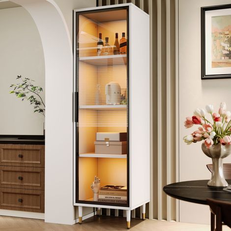 Vitrine en verre 40x40x170 cm avec  éclairage LED  pieds réversibilité pour ranger des livres et du vin  Panneau de particules Blanc