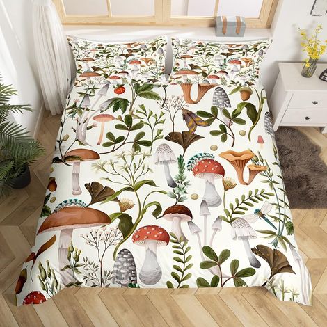 Wild Mushroom Duvet Cover, Bedding Set 220 x 240 cm Natural Plants, Rustic Botanical Bedding Set, Vintage Flowers, Bed Cover, Mushroom Woodland, 3 Pieces (1/5)