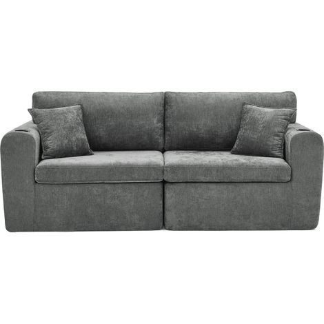 Sofá relax de 2 plazas en chenilla gris con bolsillo lateral, portavasos y cojines (1/5)