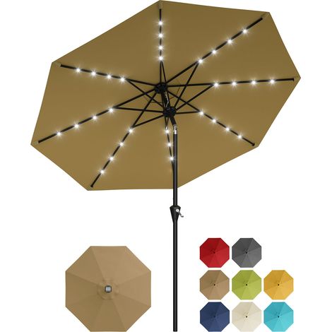 Parasol 2,7m – ouverture manivelle, inclinaison bouton, LED solaires, protection UV, imperméable – jardin, piscine, terrasse – Kaki (1/5)