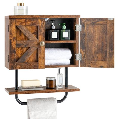 Bathroom Wall Cabinet Wall-Mounted Medicine Cabinet w/ Double Doors Open Shelf (1/4)