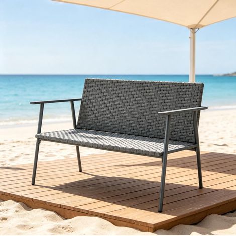Banc de jardin 2 places 110x58x78 cm en résine tressée et acier gris, stable pour terrasse (1/5)