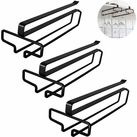3-teiliges hängendes Weinglasregal, Weinglasregal unter dem Schrank, ohne Bohren, hängendes Stielglasregal, Metall-Stielglasregal für Küche, Café, Bar, Restaurant (schwarz)