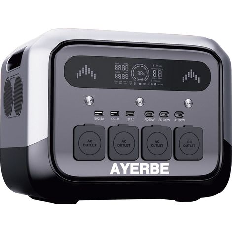 Estación de Energía Ayerbe AY-1024 Wh / 1200 W con Batería LiFePO4, Salida AC 1200 W, USB-C 100 W, Recarga Solar y Red Eléctrica, para Uso Profesional