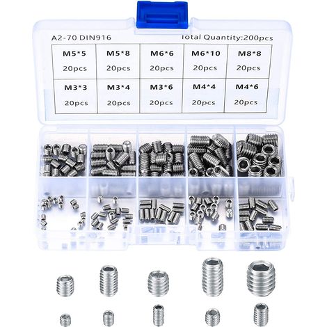 200 piezas de tornillos prisioneros de acero inoxidable, tornillos de máquina M3 M4 M5 M6 M8, kit de fijación de tornillo de perforación surtido (1/5)