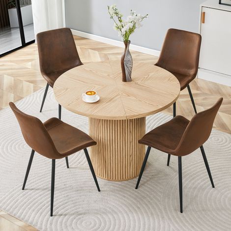 Set da pranzo con tavolo e 4 sedie in MDF, tessuto e metallo, legno naturale, marrone e nero, tavolo rotondo Ø100x76 cm (1/5)