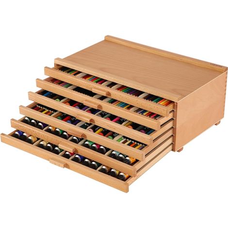 Boîte de Rangement en Bois À 6 Tiroirs Pour Fournitures d'Artiste Avec Séparateurs Amovibles, Boîte de Rangement en Bois de Hêtre de Première Qualité, Rangement Pour Fournitures d'Art (1/5)