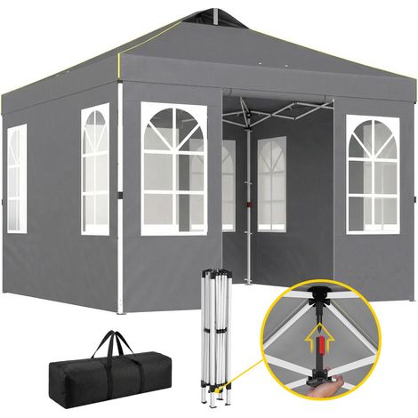 Tente pliante 3x3m, protection UPF50+, 4 panneaux latéraux amovibles, hauteur réglable et sac de transport, gris foncé