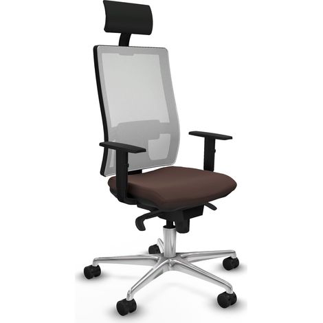 Horna sincro malla blanca similpiel marrón oscuro brazos 1D base aluminio cabecero fijo ruedas 65mm nailon (1/5)