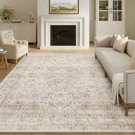 Beige Vintage Tapis Salon 240x300cm Rug Lavable en Machine Grand Antidérapant Rugs,Chambre Adulte,Descente de Lit Carpets,Salle a Manger,Bureau,Cuisine,Interieur Poil Ras Carpet (1/5)