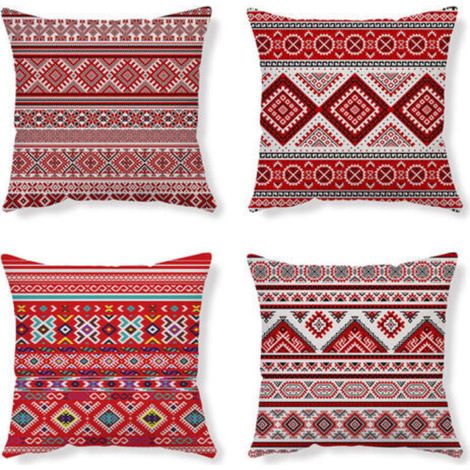 Housses De Coussin Taie D Oreiller Coussin Ethnique Taie D Oreiller Rouge Housse De Coussin Abstrait Housse Coussin Lin Coussin Geometrique Taie Oreiller 45X45 Lot De 4 Pour Canapé Cham (1/5)