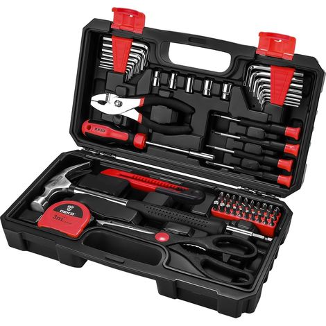 Ensemble d'outils de pièces Ensemble d'outils manuels généraux pour la maison avec étui de rangement de boîte à outils en plastique (Rouge) (1/5)
