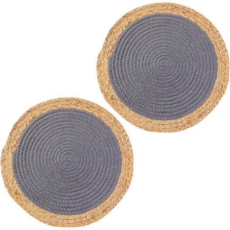 Set mit 2 isolierenden Untertassen aus Leinen im Landhausstil mit Kürbis- und Grasmuster, dunkelgrau, 20 x 20 cm.
