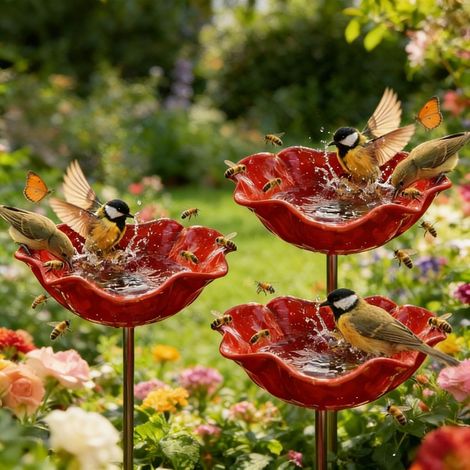 Piquet De Jardin - 3 Pièces - Métal - Bain D'oiseaux Et Abeilles - Décoration Extérieure - Rouge (1/5)