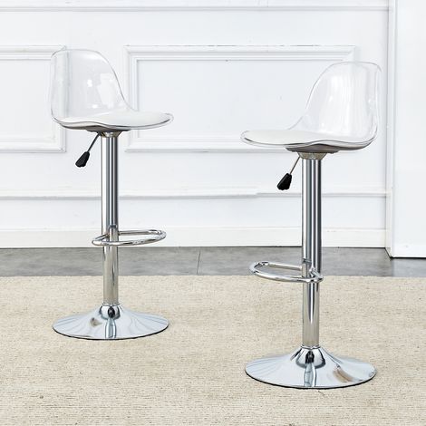 Lot de 2 tabourets de bar pivotants : dossier en plexiglas transparent, piètement en acier argenté, hauteur réglable 82-104 cm, rotation à 360°. W3658P368334