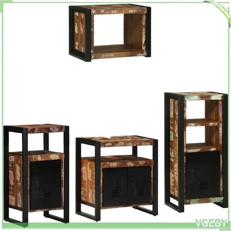 Ensemble de mobilier de salle de bain - Ensemble 4 pcs - Bois de manguier massif - Marron - Style industriel (1/5)