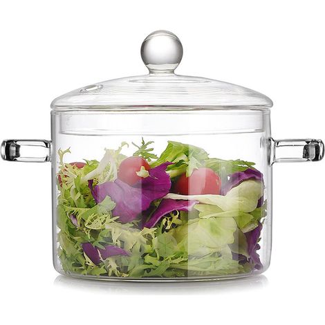 Bol en verre de 1400 ml avec couvercle, saladier, bol de service, bol à fruits, bol à dessert, verre transparent, résistant à la chaleur, double poignée