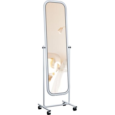 Specchio rettangolare da terra con angoli arrotondati 166 x 48 cm con ruote piroettanti a 360° cornice in metallo bianco 100008489