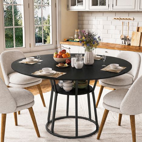 JOOKGBD-Table ronde 120cm en noir avec 4 panneaux assemblés, étagère de rangement intégrée, pieds en métal réglables, 6 places assises, salle à manger cuisine salon (1/5)
