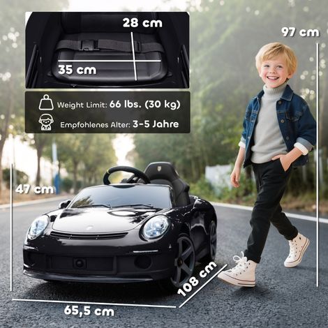 Voiture à pédales électrique enfant 3-5 ans, radiocommandée, avec mélodies, avertisseur, prise USB et harnais de sécurité, teinte noire. (1/5)