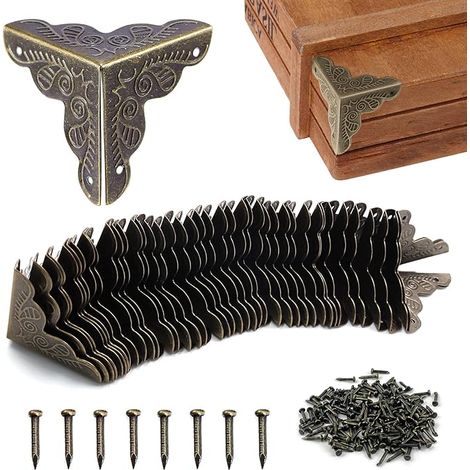 40pcs Coin Vintage,Coin Meuble Metal Antique,Coins de protection pour caisses et meubles Style Vintage,Aspect Bronze Meubles Décoratifs,Comprend 160 Clous-25x35mm