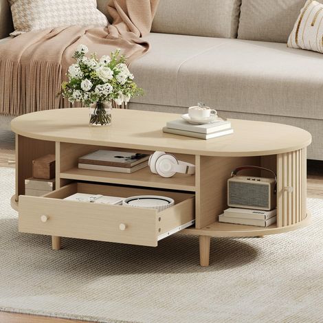 Table basse fixe ovale 100 x 50 x 36 cm, avec 1 tiroir et rangement ouvert, 2 portes coulissantes, pieds en bois massif, table de salon - Couleur chêne (1/5)