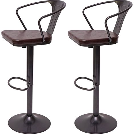 2x Tabouret de bar HWC-H10b,réglable en hauteur,avec accoudoirs,pivotant,style industriel-vintage noir-marron (1/5)