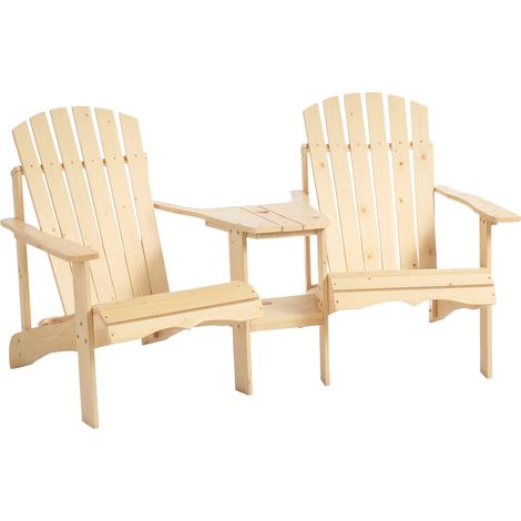 Sedia da giardino Adirondack con tavolino e foro per ombrellone, set da 2 posti con poltrona da giardino, mobili da giardino per balcone, legno massello naturale, 178 x 87 x 92 cm