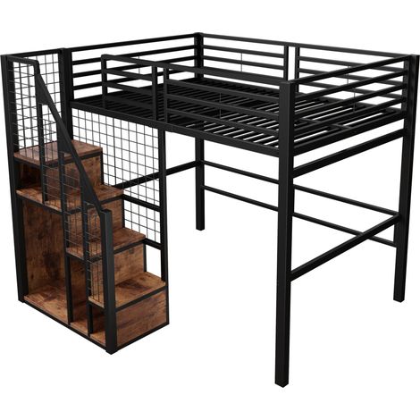 Cama alta 140x200 de metal negro con escalera y almacenaje HOMVRA (1/5)