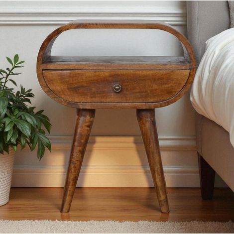 Comodino scandinavo in legno massello di mango castagno marrone, 1 cassetto e 1 vano aperto
