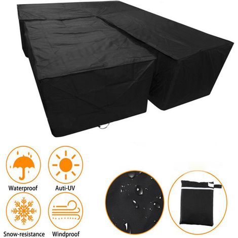 Funda para sofá de jardín en forma de L, hecha de tela Oxford impermeable, resistente al viento y a los rayos UV, adecuada para sofás esquineros de ratán, color negro. (1/3)